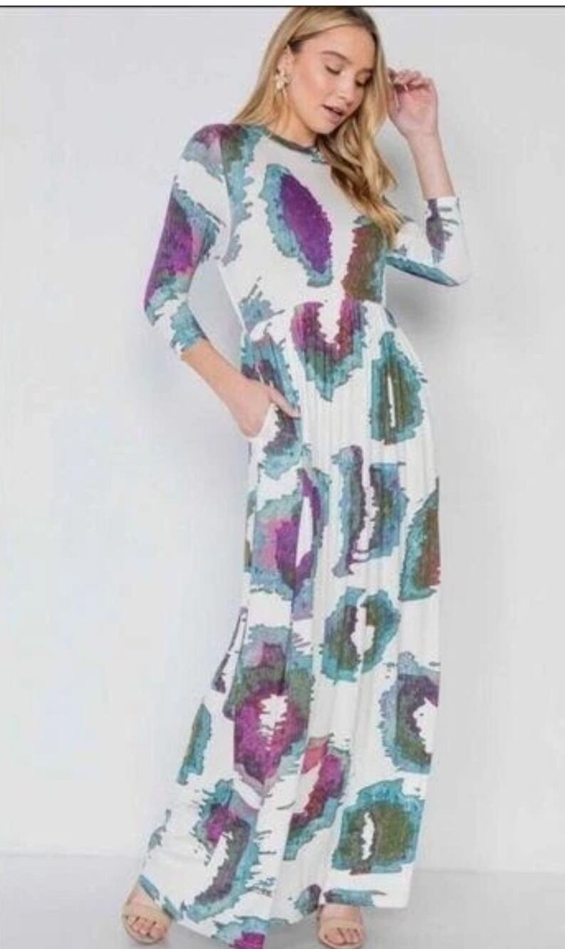 Annabelle Womens M White Turquoise Watercolor Maxi Dress Abstract 3/4 Sleeve